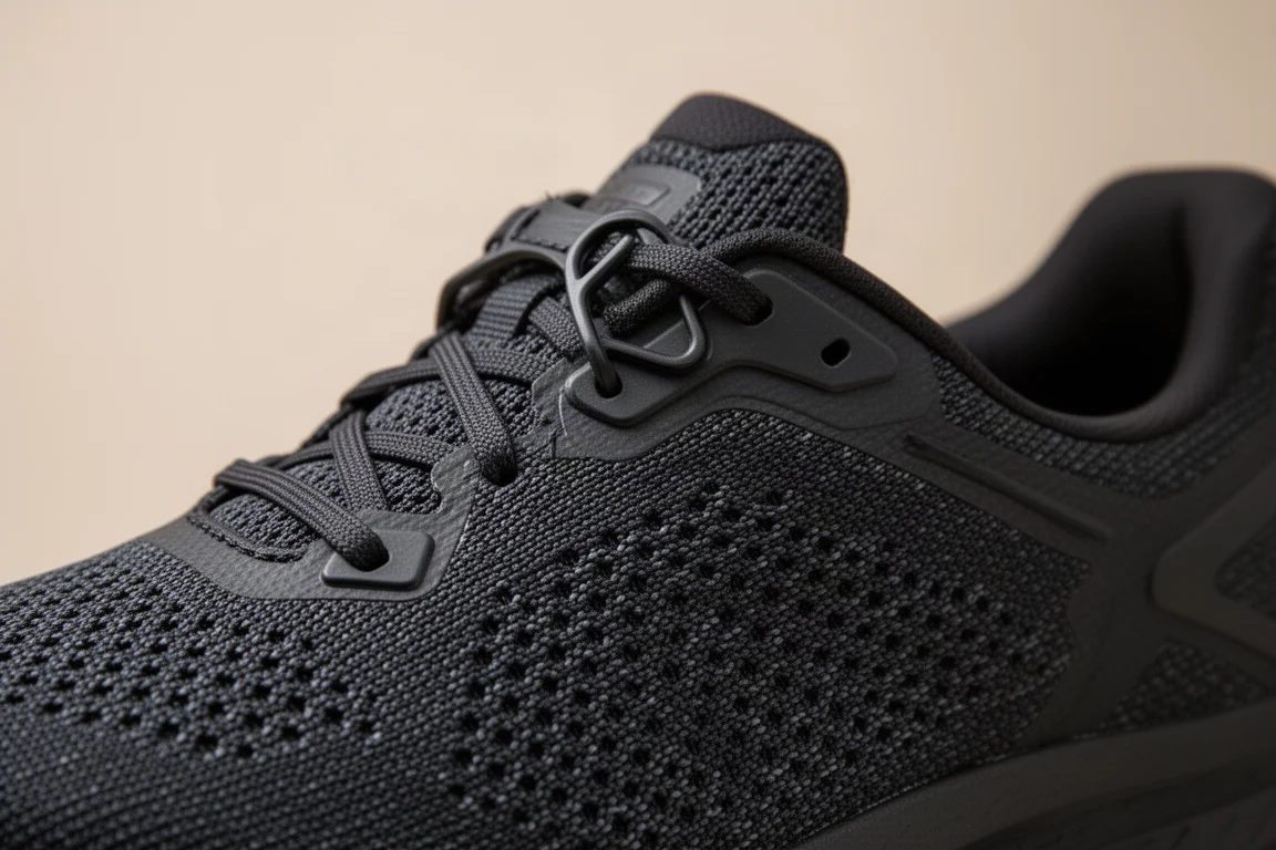 Primer plano del upper de punto y el sistema de cordones de una zapatilla de running