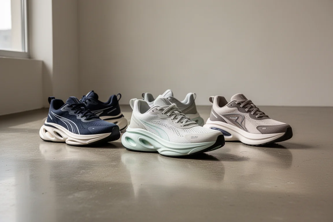 Tres zapatillas de running alineadas en el suelo de un garaje