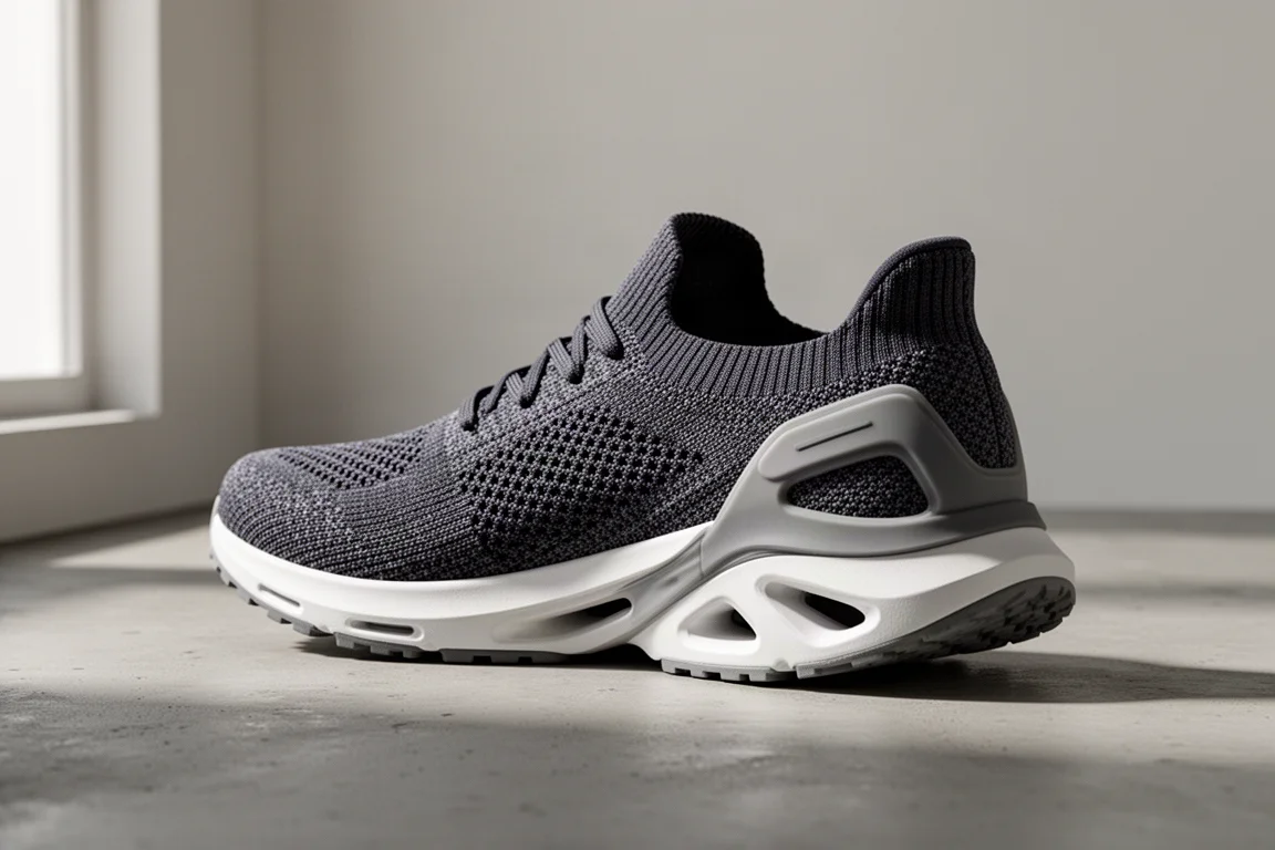 Adidas UltraBoost 5X running shoe with knit upper and chunky foam midsole on concrete