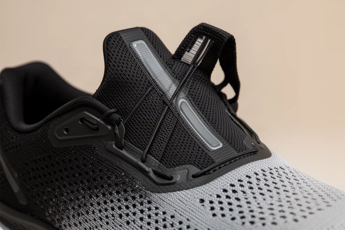 Primo piano della tomaia in maglia leggera di una scarpa da running su una superficie neutra in studio