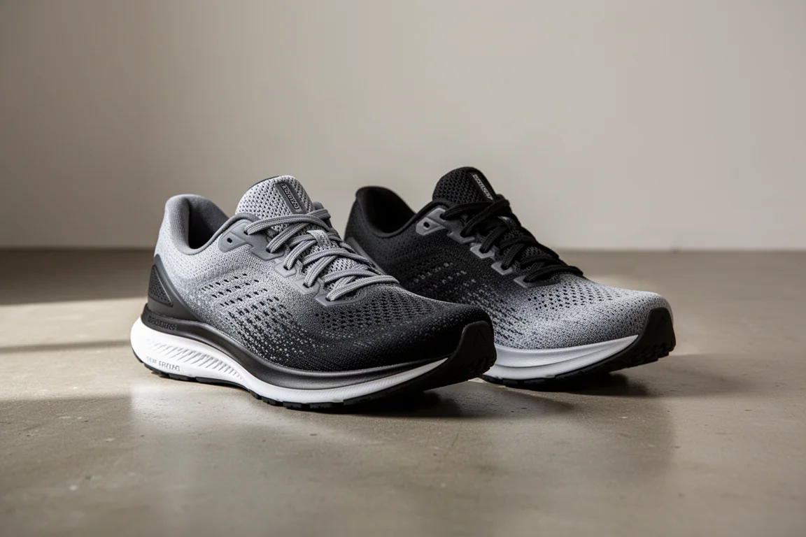 Coppia di scarpe da running grigia e nera disabbinati appoggiate su un pavimento di cemento