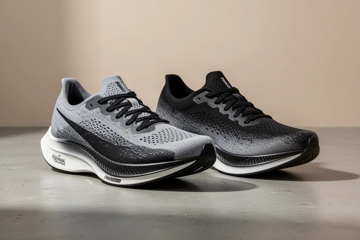 Scarpe da gara Adidas x Satisfy grigia e nera disabbinati su una superficie di cemento