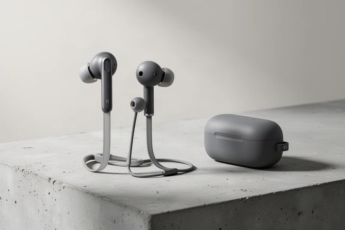Two pairs of stemmed true wireless earbuds with charging cases on a concrete surface