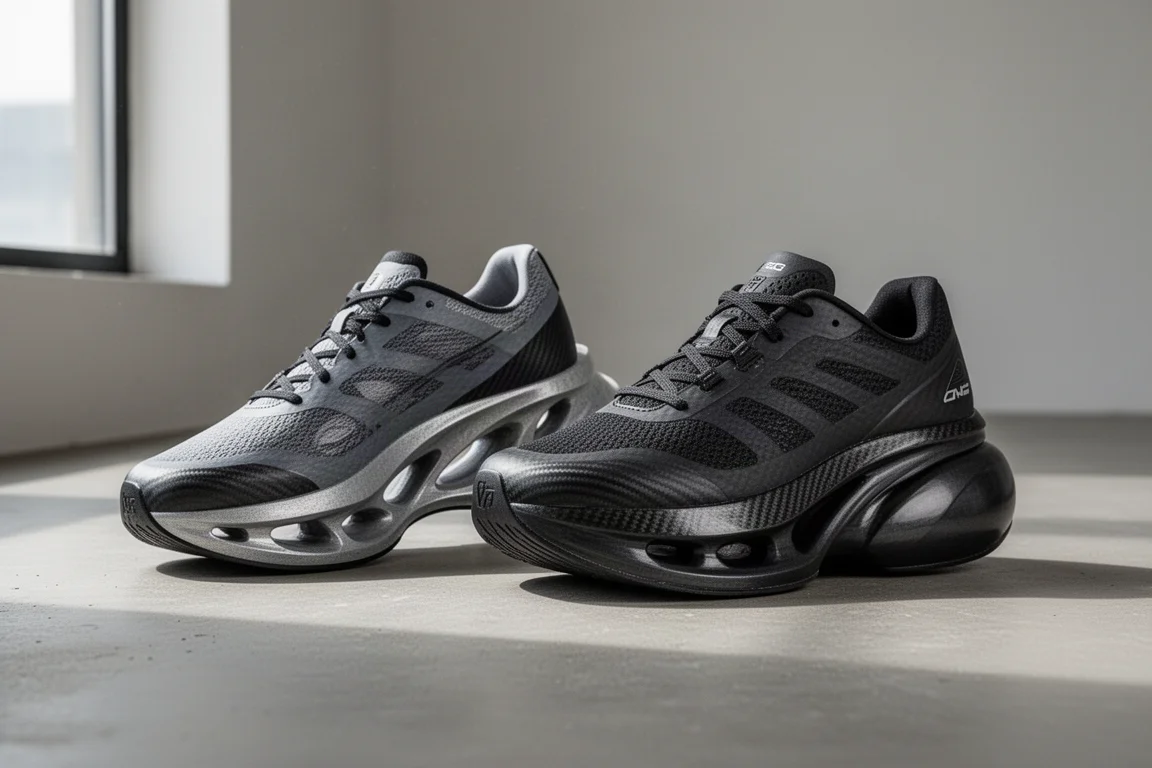Two high-stacked carbon racing shoes side by side on a concrete surface