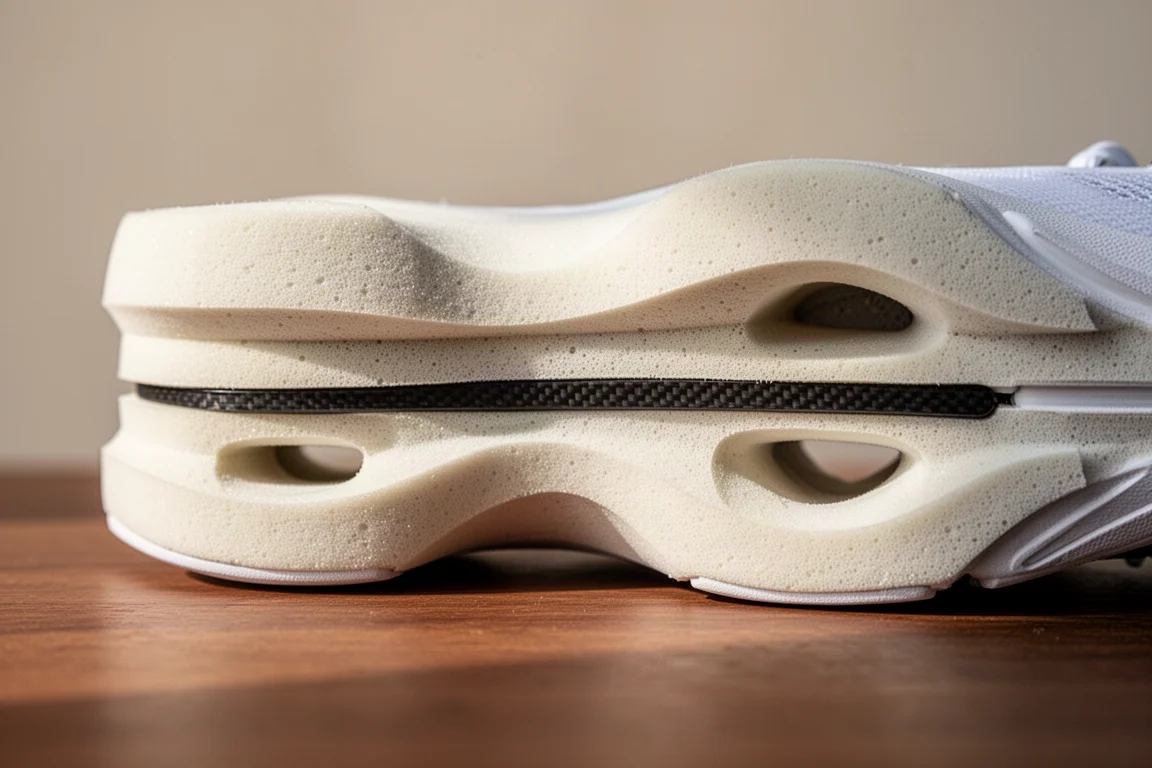 Close-up of a sculpted carbon shoe midsole showing layered foam and plate