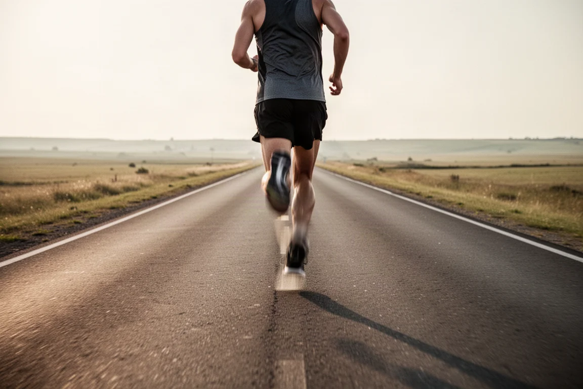 Runner cruising along a long straight road at steady pace