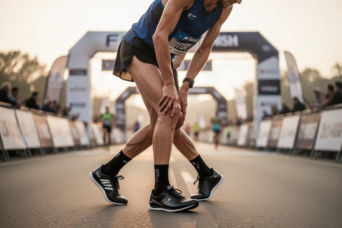 Runner cooling down after a long race effort with legs visibly fatigued