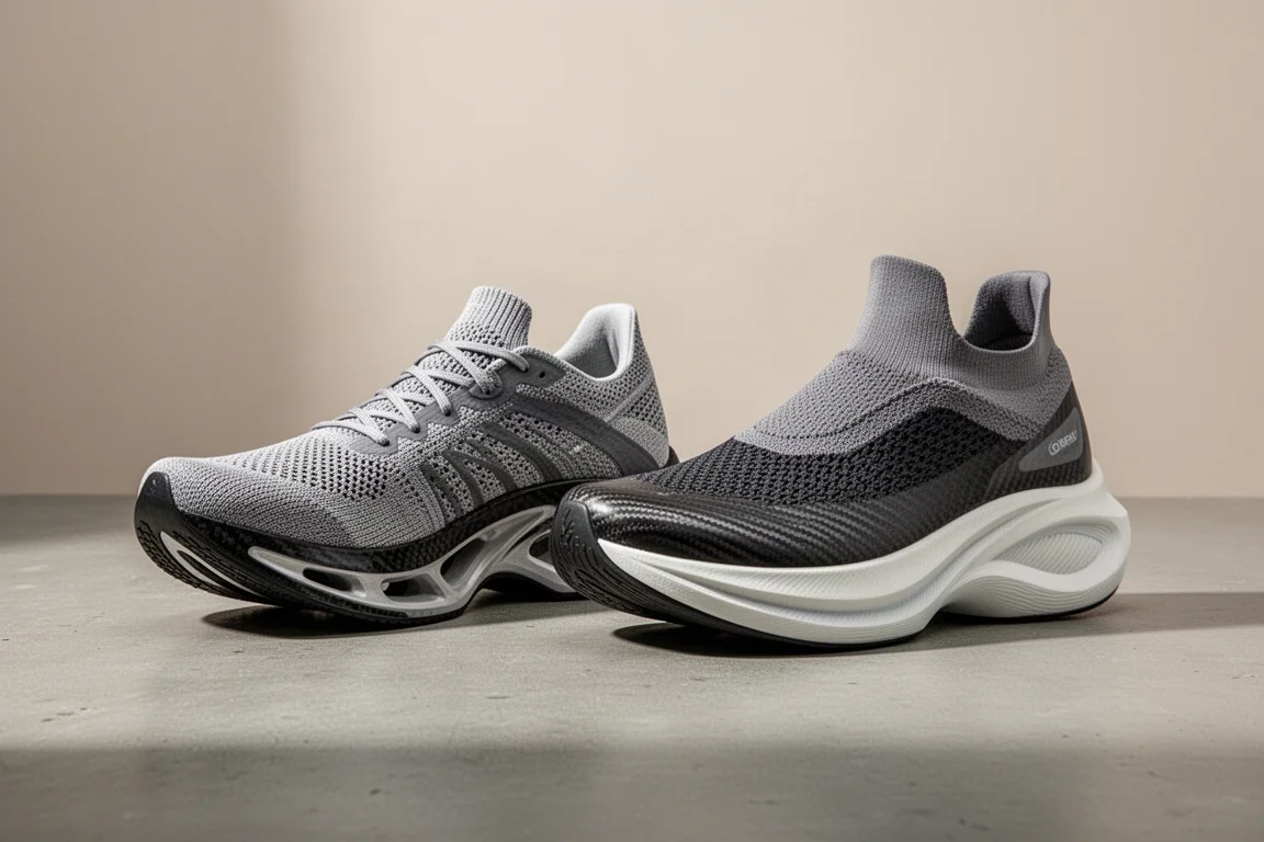 Two high-stacked carbon racing shoes side by side on a matte concrete surface