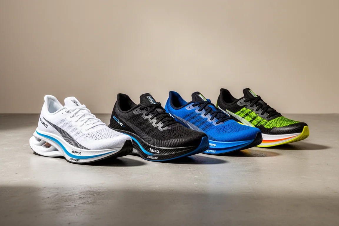 Six carbon-plated racing shoes arranged in a row on a concrete surface