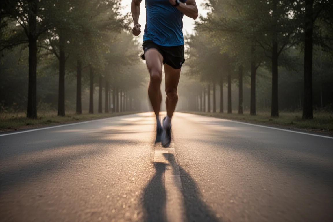 Corredor iniciando um longo treino em ritmo de maratona em uma estrada vazia ao amanhecer