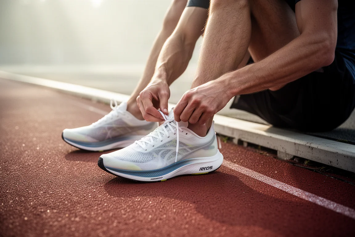 Runner lacing up a lightweight marathon racing shoe before a workout