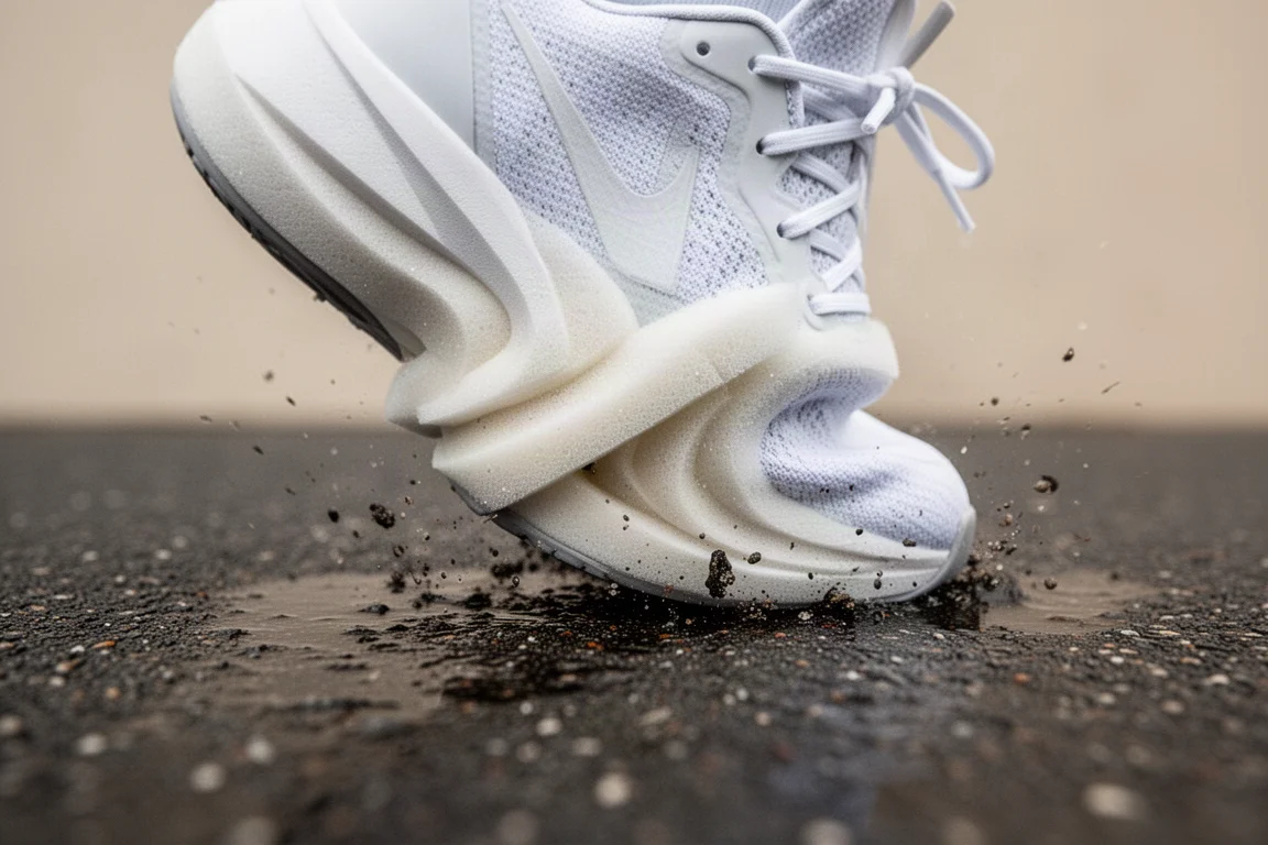 Close-up of a thick foam racing shoe midsole flexing on tarmac