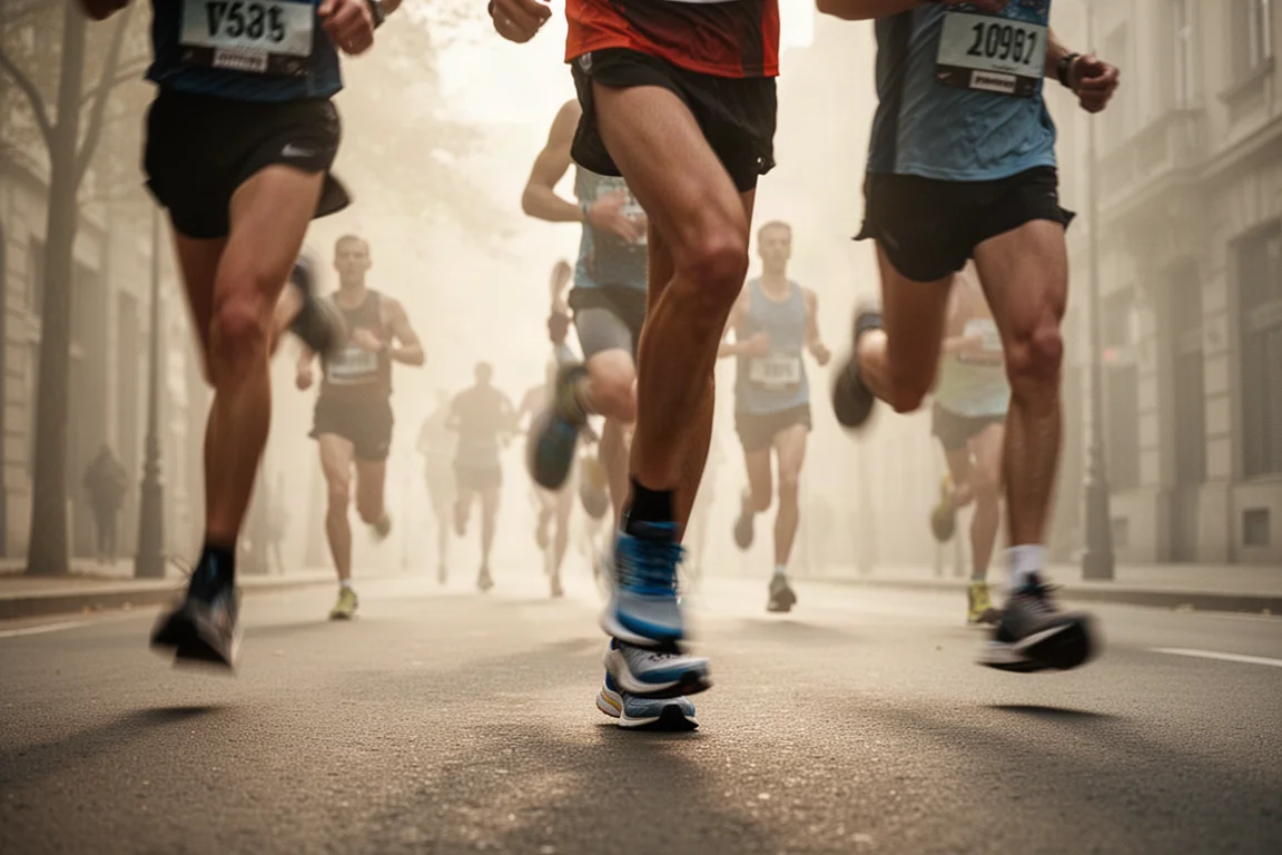 Marathon runners in racing shoes moving through city streets