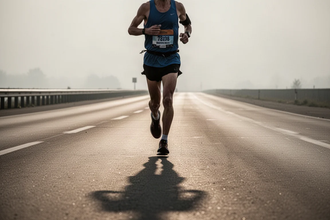 Runner pacing through the later miles of a marathon on open road