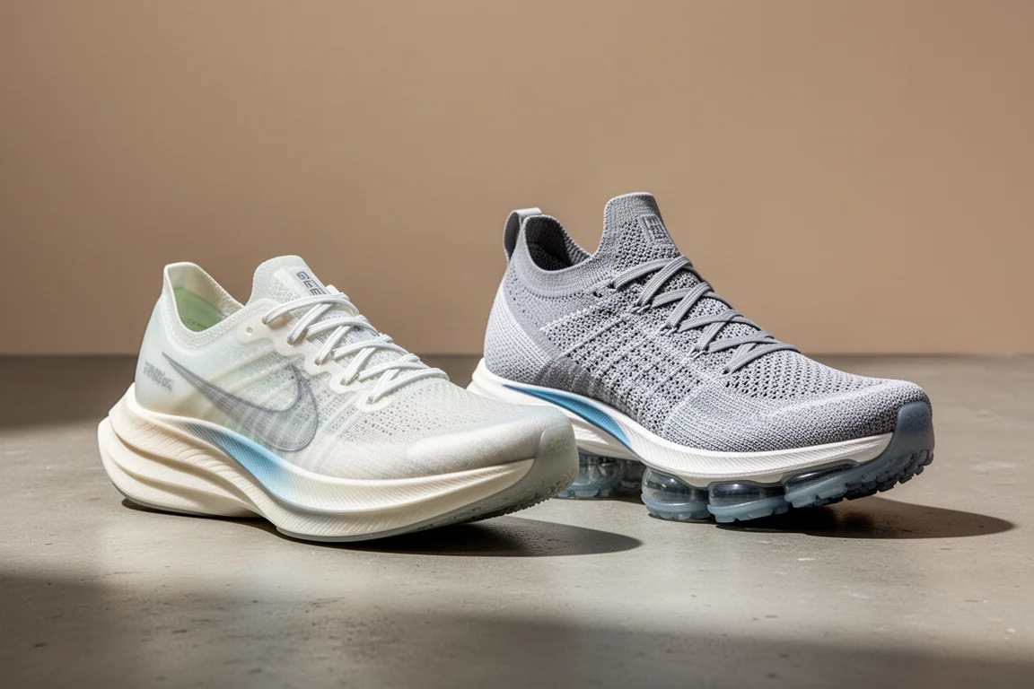 Two premium marathon racing shoes side by side on a concrete surface