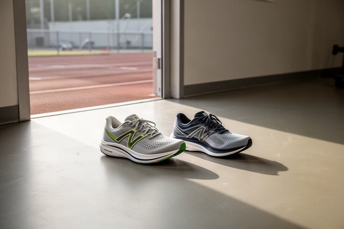 Zwei Performance-Laufschuhe nebeneinander auf einem Fitnessstudio-Boden vor dem Training