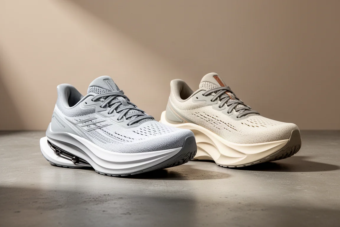 Adidas Adizero Boston 12 and Hoka Mach X running shoes side by side on concrete