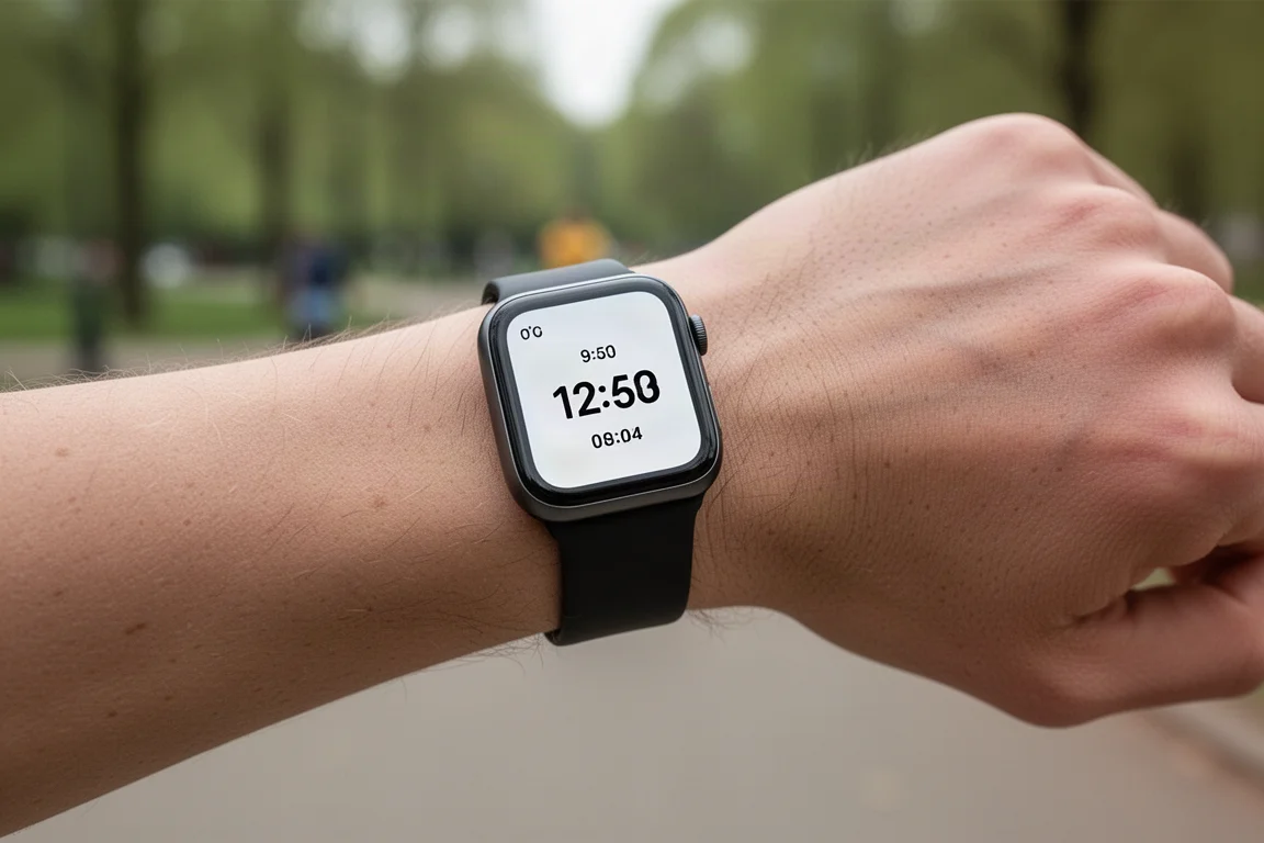 Smartwatch en una muñeca mostrando datos de ritmo de carrera