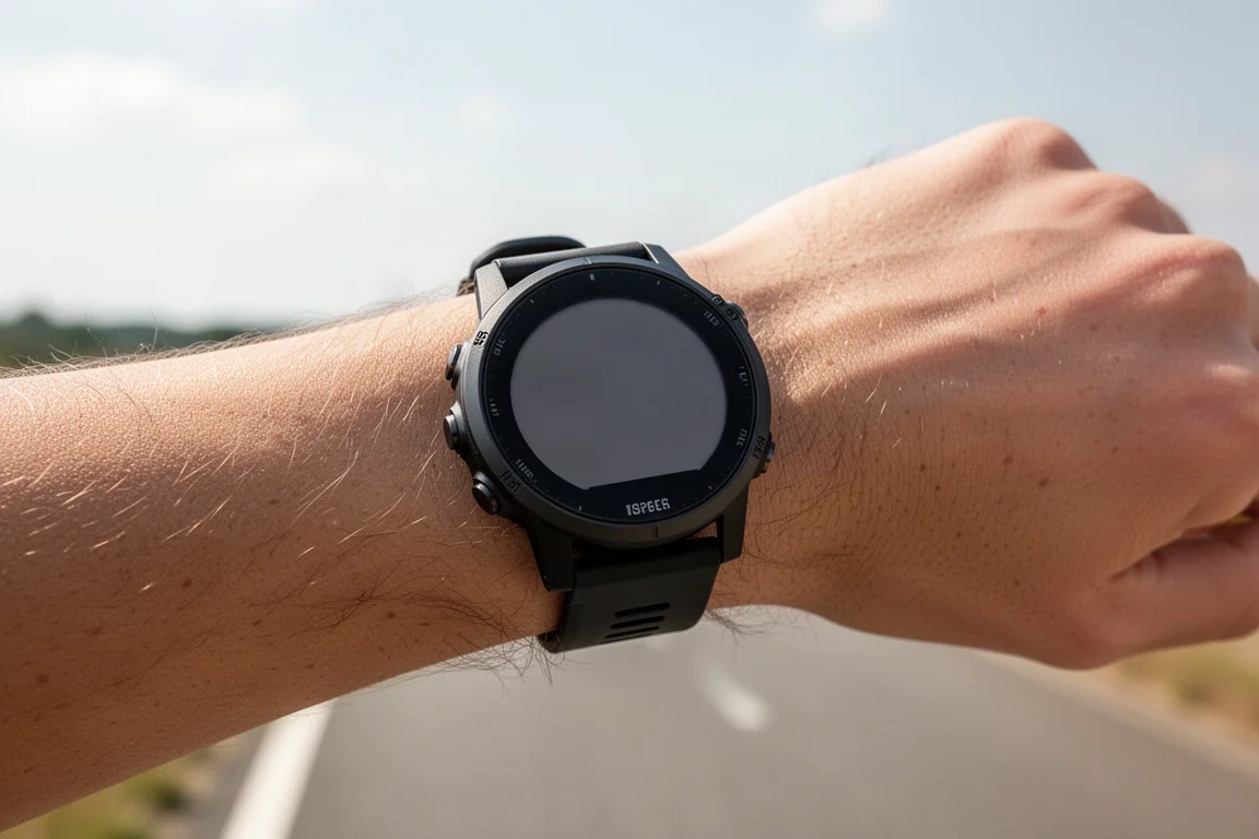 Reloj GPS de running redondo en una muñeca con cielo abierto encima