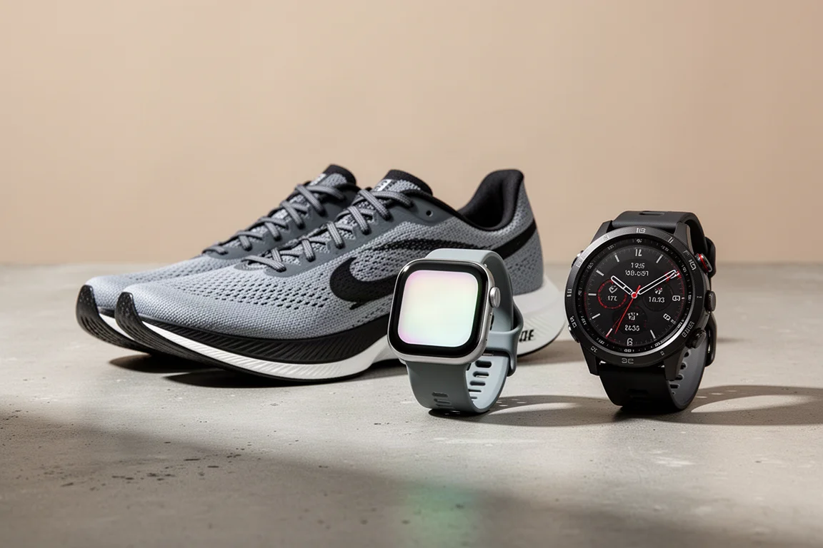 Racing shoes, a smartwatch and a GPS running watch arranged on a concrete surface