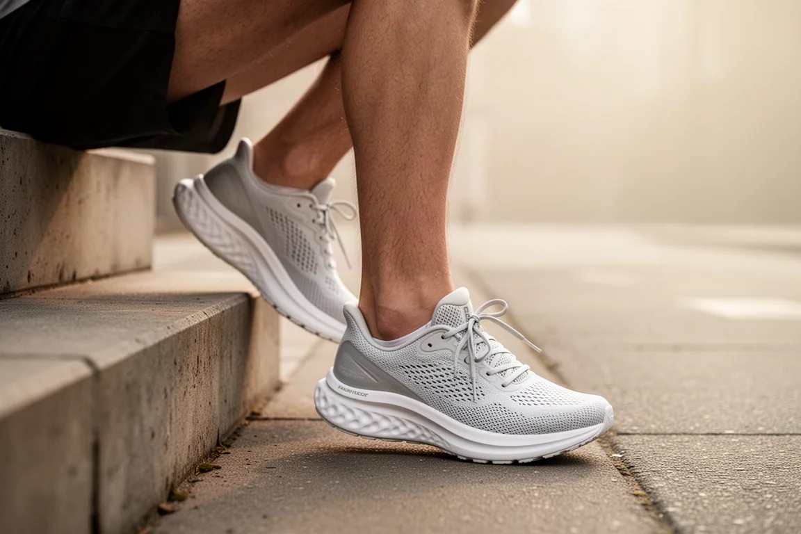 Runner lacing up a lightweight running shoe on a city pavement