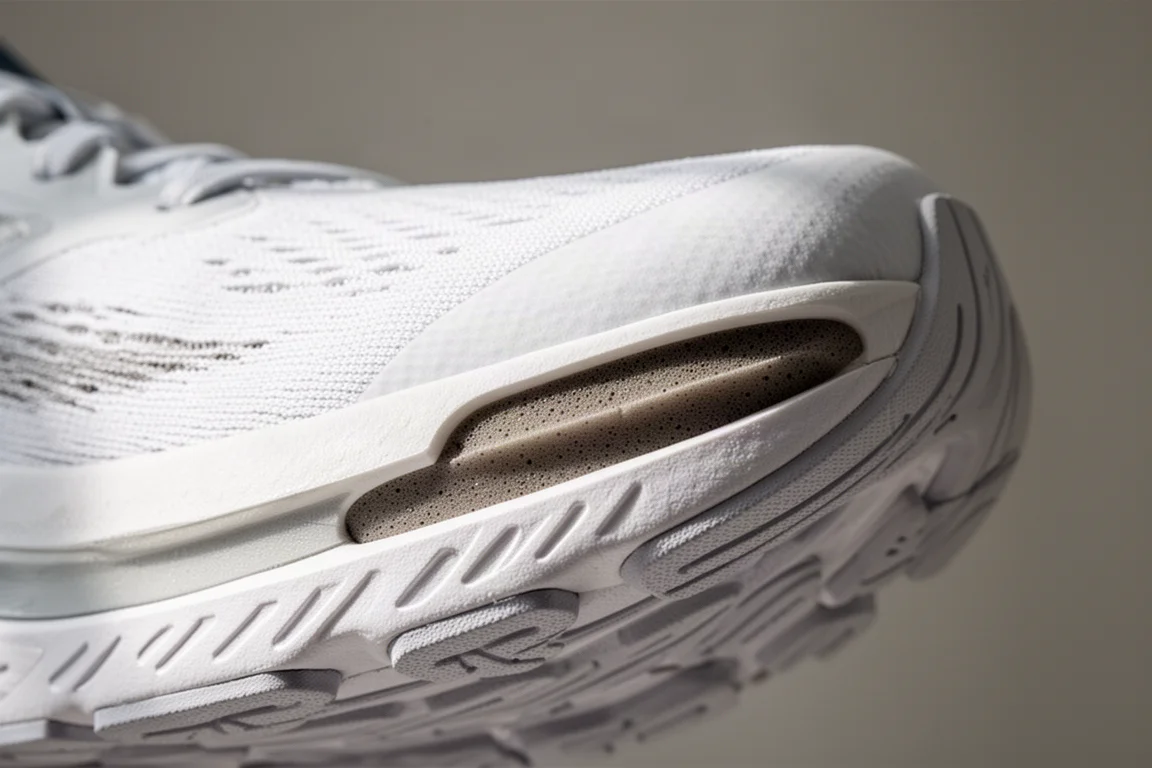 Close-up of a cushioned running shoe midsole showing foam texture