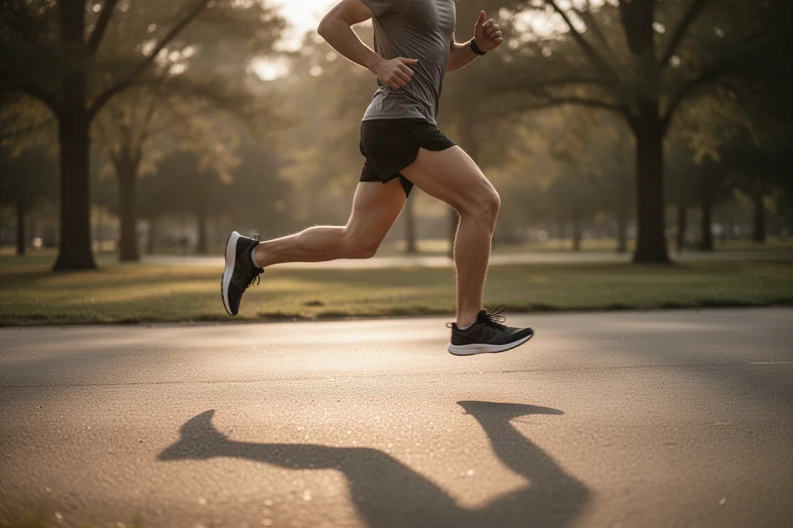 Runner mid-stride on an asphalt path at golden hour