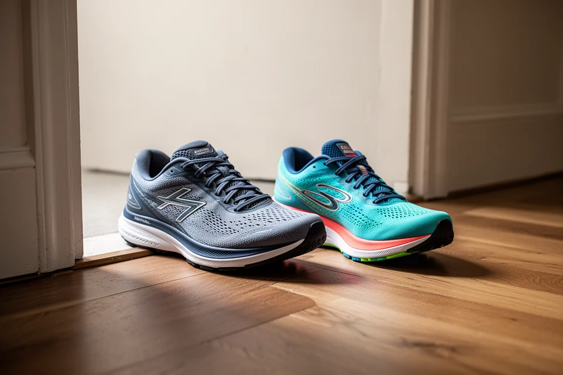 Two running shoes resting side by side on a wooden floor