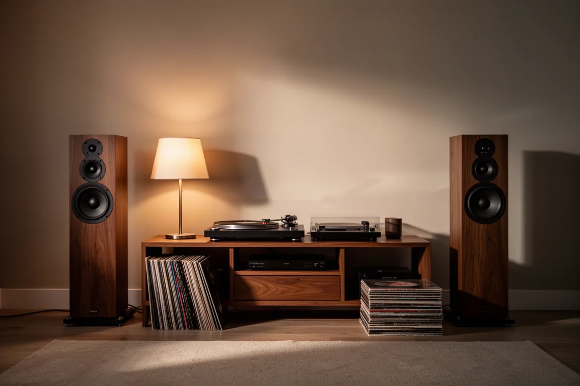 Soggiorno con luce calda al crepuscolo con diffusori da pavimento, un giradischi e una pila di dischi in vinile
