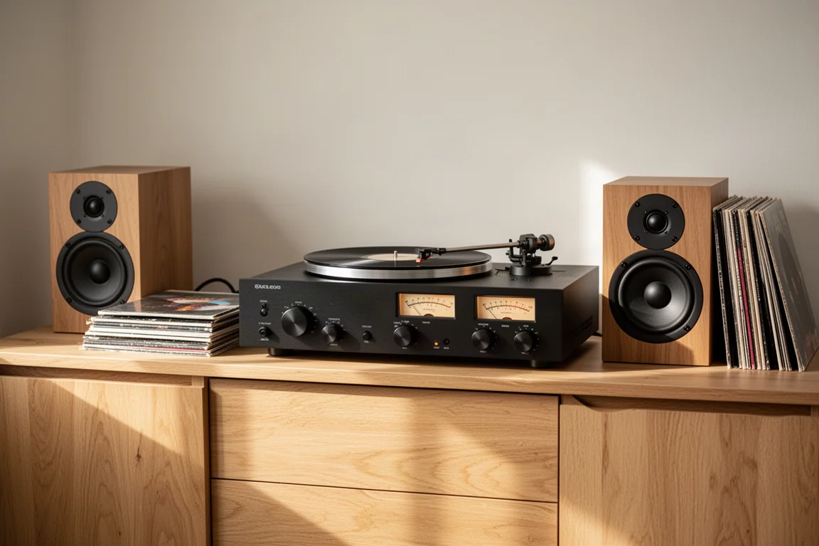 Sistema stereo compatto a due canali su una credenza in rovere con giradischi, amplificatore, diffusori da scaffale e dischi