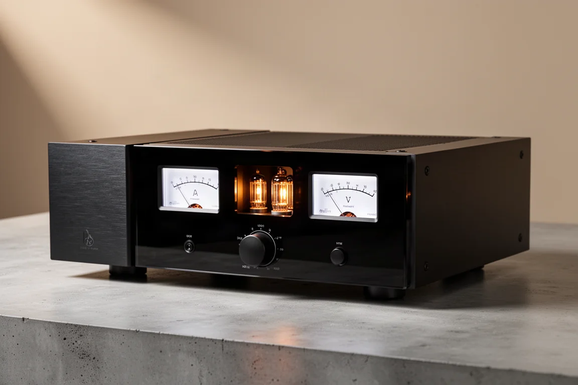 Wide black integrated amplifier with white-backlit analog meters and glowing tubes on concrete
