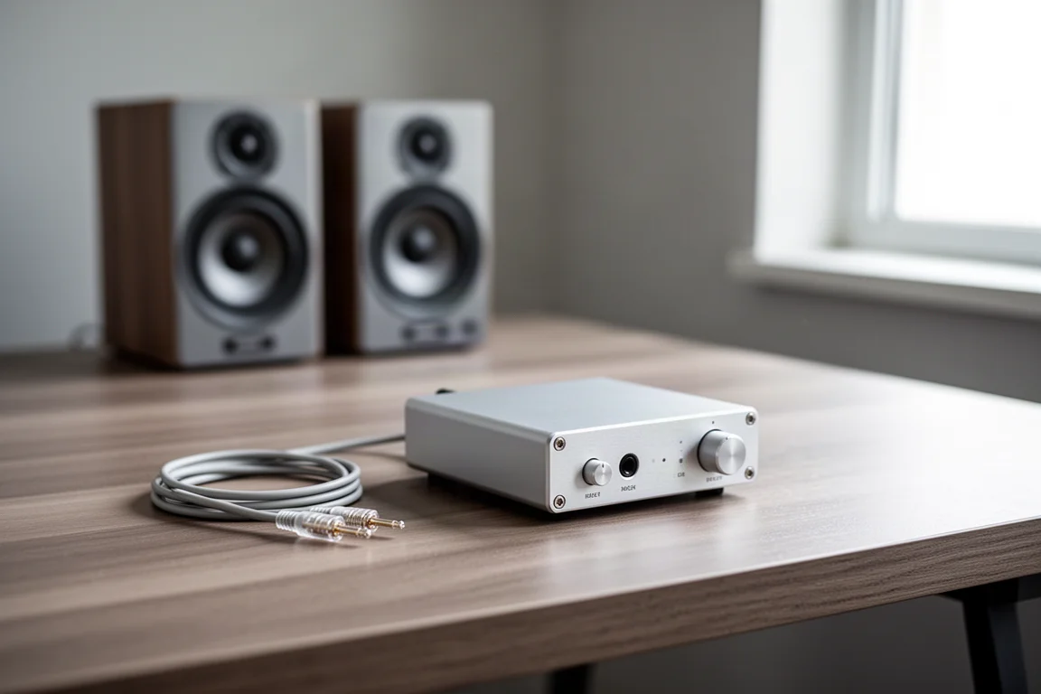 Platenspeler met aparte phono-voorversterker en DAC op een hifi-plank