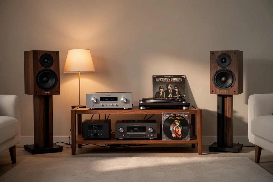 Hifi-opstelling in woonkamer met versterker, platenspeler, tv en luidsprekers