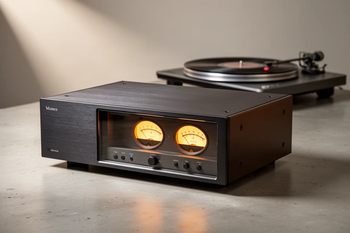 Advance Paris A10 Classic integrated amplifier with blue VU meters on a concrete surface