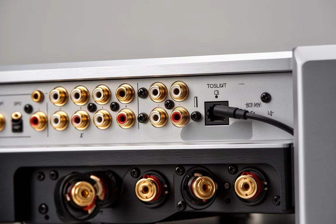 Rückseite eines Vollverstärkers mit Cinch-Buchsen und einem optischen Kabel