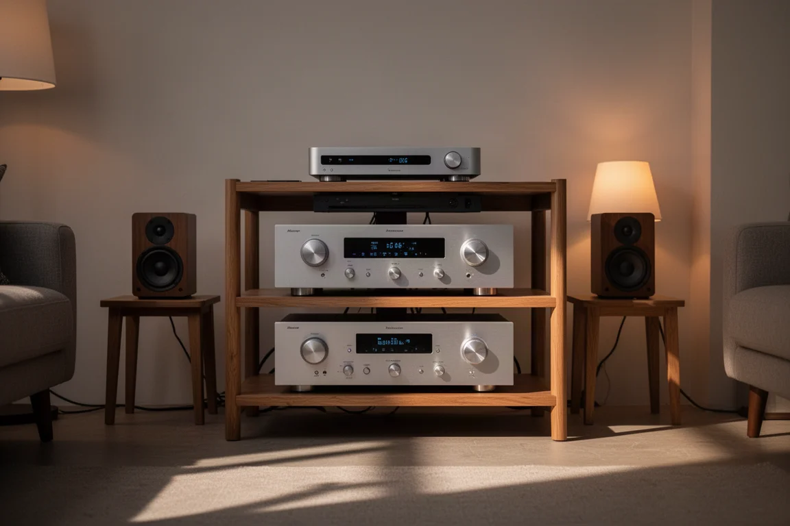 Ordentliches Hi-Fi-Rack im Wohnzimmer in der Abenddämmerung mit Verstärkern und kleinen Lautsprechern