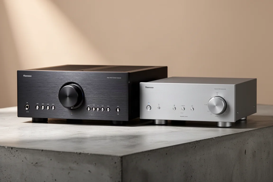 Two full-size integrated amplifiers side by side on a matte concrete surface