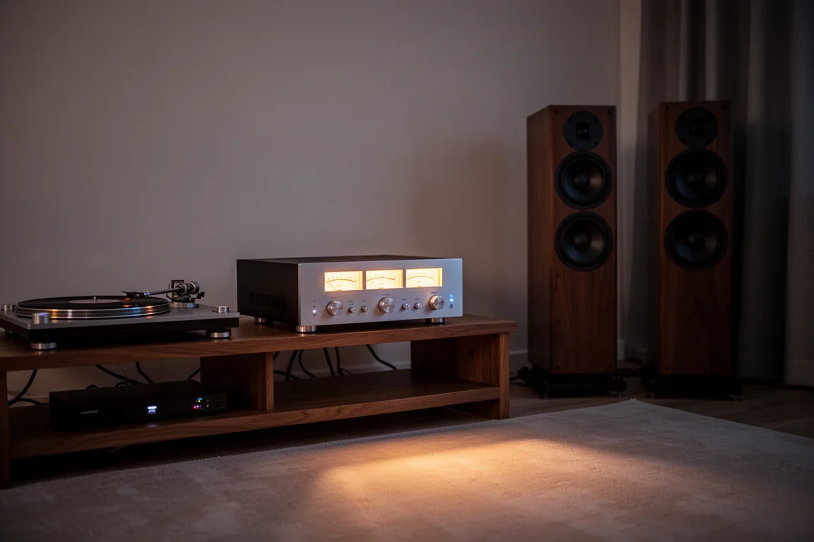 Sala de escucha cálida al atardecer con un amplificador, un giradiscos y altavoces de suelo