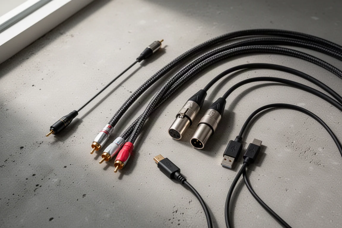 Disposición plana de cables de audio ópticos, RCA, XLR y USB sobre una superficie de hormigón