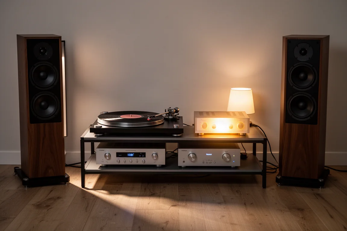 Sala de escucha nocturna con un giradiscos girando y altavoces de suelo
