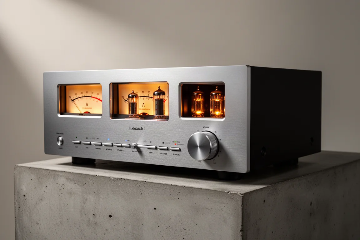 Integrated amplifier with VU meters and glowing tubes on a concrete plinth