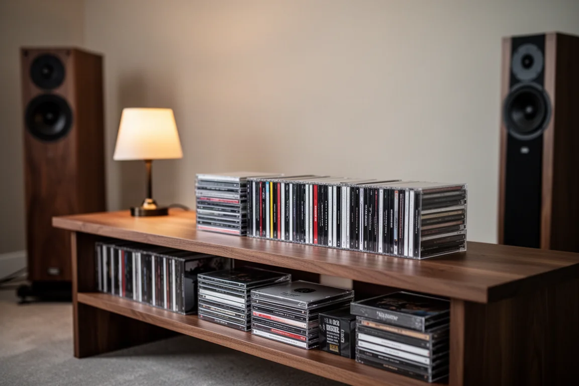 Low wooden media shelf stacked with compact discs in a softly lit listening room