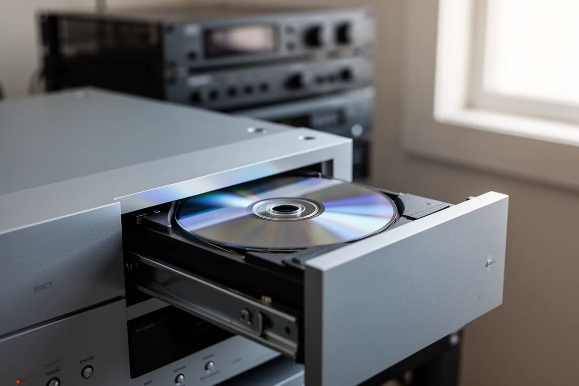 Compact disc drawer sliding open on a silver-grey hi-fi player with a disc catching light