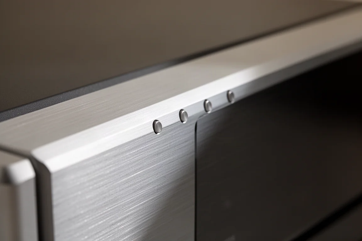 Macro view of a brushed aluminium front panel edge with small circular buttons