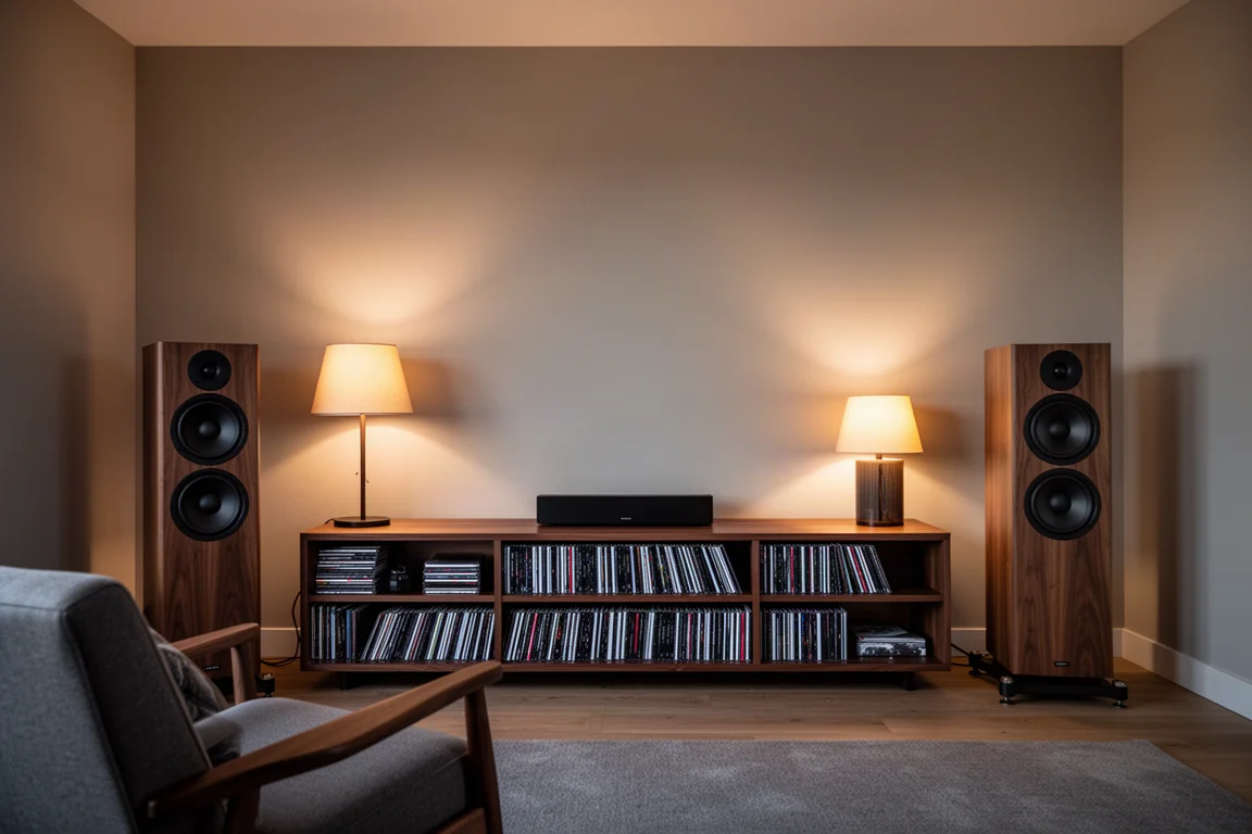 Finished media room at dusk with floorstanding speakers and a shelf of compact discs