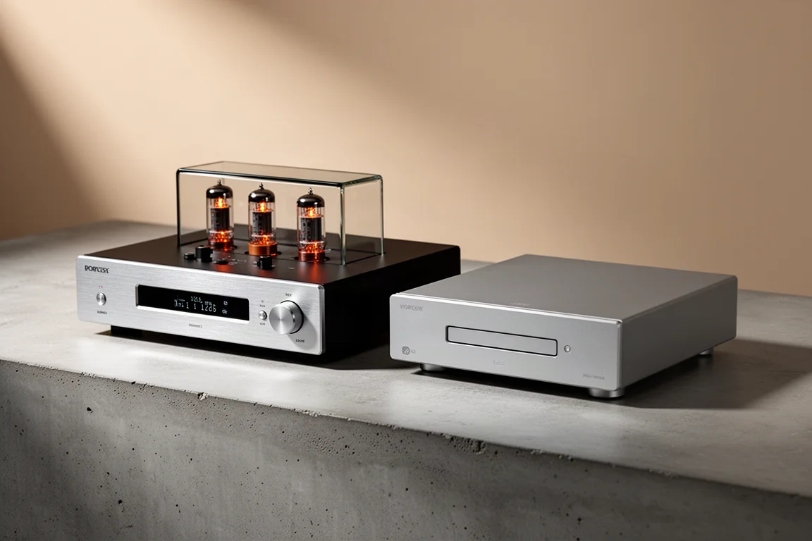 Two hi-fi CD players side by side on a concrete surface, one black with glowing tubes and one silver-grey
