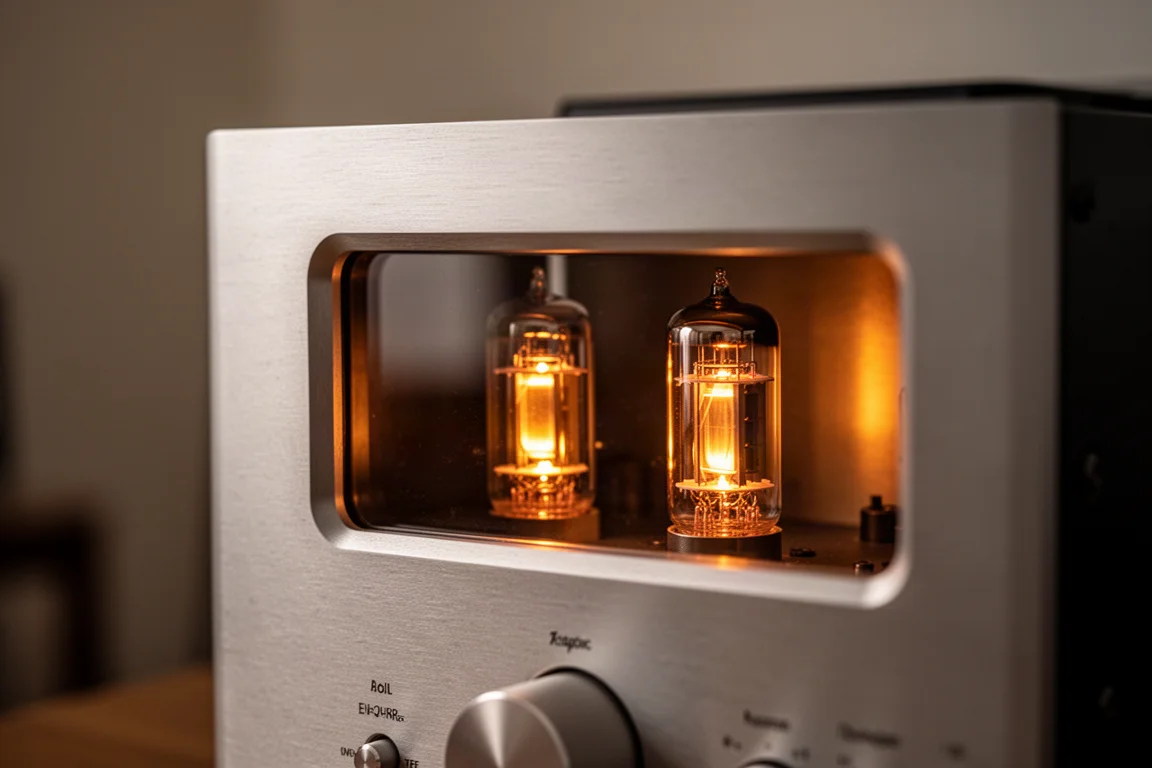 Close-up of vacuum tubes glowing amber behind glass on an amplifier faceplate