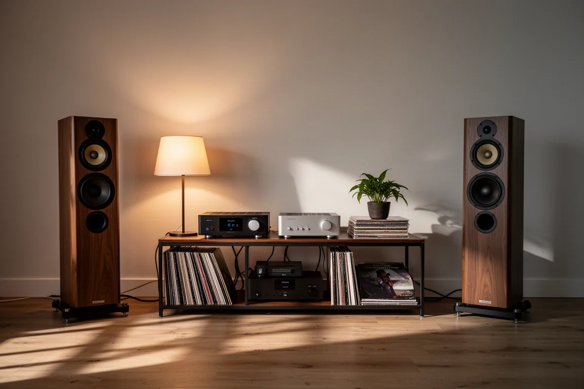 Listening room at dusk with floorstanding speakers and an amplifier on a rack