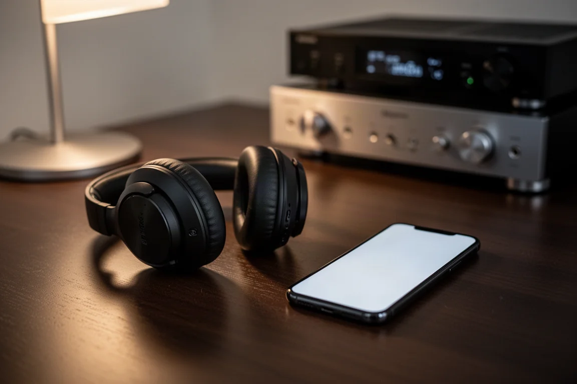 Over-ear headphones and a smartphone on a wooden desk in evening lamplight