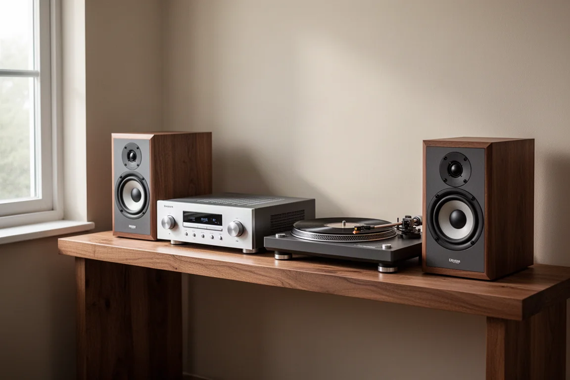 Compact hi-fi system with amplifier, turntable and bookshelf speakers on a wooden shelf